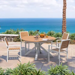 Set pranzo tavolo rotondo 120 cm top effetto legno miele e 4 sedie con braccioli in alluminio bianco - Carioca Wood