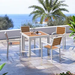 Set pranzo tavolo 90/180x90 cm top effetto legno caramello e 4 sedie con braccioli in alluminio bianco - Carioca Wood