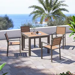 Set pranzo tavolo 90/180x90 cm top effetto legno miele e 4 sedie con braccioli in alluminio tortora - Carioca Wood