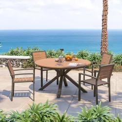 Set pranzo tavolo rotondo 120 cm top effetto legno miele e 4 sedie con braccioli in alluminio tortora - Carioca Wood