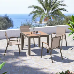 Set pranzo tavolo 90/180x90 cm top effetto legno miele e 4 sedie in textilene e alluminio tortora - Carioca Wood