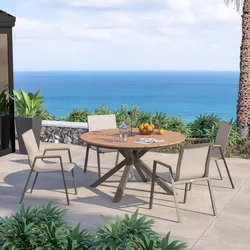 Set pranzo tavolo rotondo 140 cm top effetto legno miele e 4 sedie in textilene e alluminio tortora - Carioca Wood