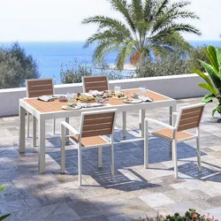 Set pranzo tavolo 200/300x100 cm top effetto legno miele e 4 sedie con braccioli in alluminio bianco - Carioca Wood