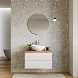 Mobile bagno sospeso 80x50 cm 2 cassetti bianco opaco con top alto rovere gold e specchio - Edgard