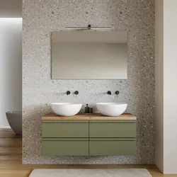 Mobile bagno sospeso 120x50 cm 4 cassetti verde nordico con top alto rovere gold e specchio - Edgard