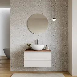 Mobile bagno sospeso 80x50 cm 2 cassetti bianco opaco con top rovere deciso e specchio - Edgard