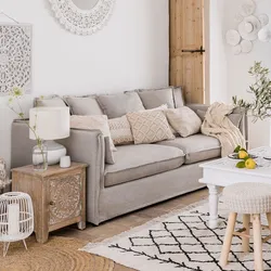 Divano 3 posti in tessuto effetto lino beige con cuscini - Noemi