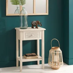 Comodino 45x67h cm in legno sbiancato con 1 cassetto decorato - Leandro