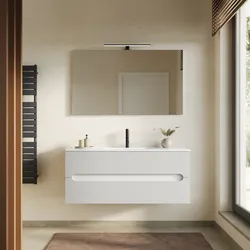 Mobile bagno sospeso 120 cm cannettato 2 cassetti bianco opaco con lavabo e specchio - Tayga