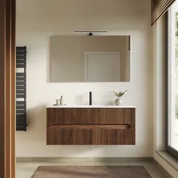 Mobile bagno sospeso 120 cm cannettato 2 cassetti rovere deciso con lavabo e specchio - Tayga