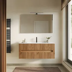 Mobile bagno sospeso 120 cm cannettato 2 cassetti rovere gold con lavabo e specchio - Tayga