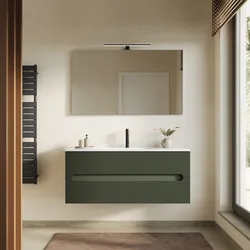 Mobile bagno sospeso 120 cm cannettato 2 cassetti verde cemento con lavabo e specchio - Tayga