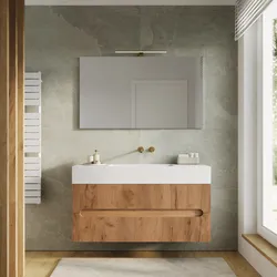 Mobile bagno sospeso 120 cm cannettato 2 cassetti rovere gold con lavabo alto e specchio - Tayga