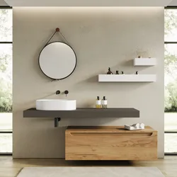 Mobile bagno sospeso 150 cm rovere gold con top grigio ombra e specchio - Nesly