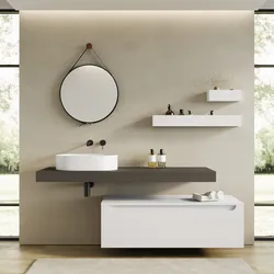 Mobile bagno sospeso 150 cm bianco opaco con top grigio ombra e specchio - Nesly