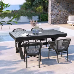 Set pranzo tavolo allungabile 180/240x100 cm e 4 poltrone in alluminio e corda antracite - Zelegant