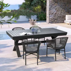 Set pranzo tavolo allungabile 200/300x100 cm e 4 poltrone in alluminio e corda antracite - Zelegant
