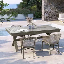 Set pranzo tavolo allungabile 200/300x100 cm e 4 poltrone in alluminio e corda tortora - Zelegant