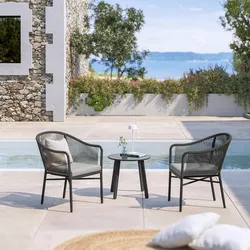 Set relax 2 posti con tavolino rotondo 50 cm in alluminio e corda antracite - Zelegant