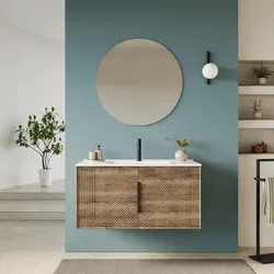 Mobile bagno sospeso con ante 100 cm rovere america cannettato con lavabo e specchio - Mida