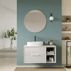 Mobile bagno sospeso con cassetti e vani a giorno 100 cm bianco opaco cannettato con top e specchio - Mida