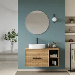 Mobile bagno sospeso con cassetti e vani a giorno 100 cm rovere acero cannettato con top - Mida