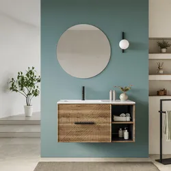 Mobile bagno sospeso con cassetti e vani a giorno 100 cm rovere america cannettato con lavabo e specchio - Mida