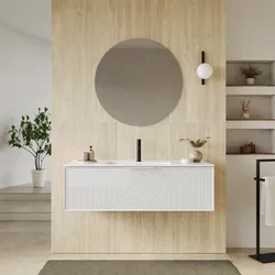 Mobile bagno sospeso con cassetto 120 cm bianco opaco cannettato con lavabo e specchio - Mida