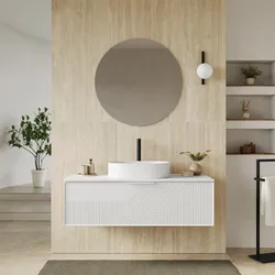 Mobile bagno sospeso con cassetto 120 cm bianco opaco cannettato con top e specchio - Mida