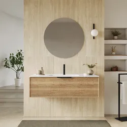 Mobile bagno sospeso con cassetto 120 cm rovere acero cannettato con lavabo e specchio - Mida