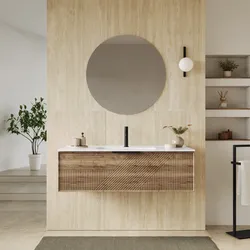 Mobile bagno sospeso con cassetto 120 cm rovere america cannettato con lavabo e specchio - Mida