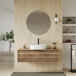 Mobile bagno sospeso con cassetto 120 cm rovere america cannettato con top e specchio - Mida
