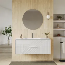Mobile bagno sospeso con cassetti 120 cm bianco opaco cannettato con lavabo e specchio - Mida