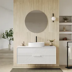 Mobile bagno sospeso con cassetti 120 cm bianco opaco cannettato con top e specchio - Mida