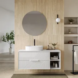 Mobile bagno sospeso con cassetti e vani a giorno 120 cm bianco opaco cannettato con top e specchio - Mida