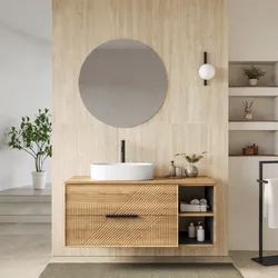 Mobile bagno sospeso con cassetti e vani a giorno 120 cm rovere acero cannettato con top - Mida