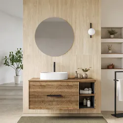 Mobile bagno sospeso con cassetti e vani a giorno 120 cm rovere america cannettato con top e specchio - Mida