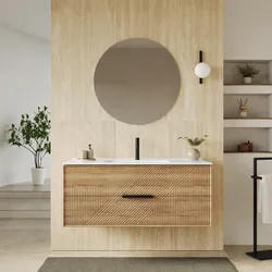 Mobile bagno sospeso con cassetti 120 cm rovere acero cannettato con lavabo e specchio - Mida