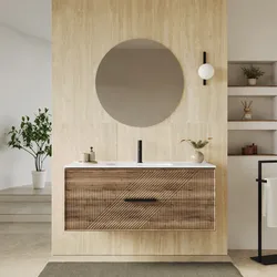 Mobile bagno sospeso con cassetti 120 cm rovere america cannettato con lavabo e specchio - Mida