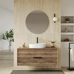 Mobile bagno sospeso con cassetti 120 cm rovere america cannettato con top e specchio - Mida