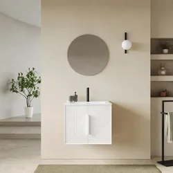 Mobile bagno sospeso con ante 60 cm bianco opaco cannettato con lavabo e specchio - Mida