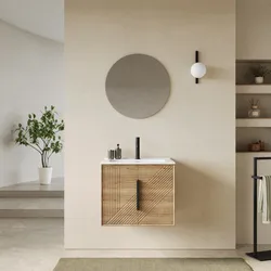 Mobile bagno sospeso con ante 60 cm rovere acero cannettato con lavabo e specchio - Mida