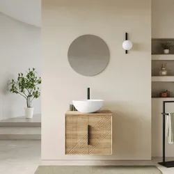 Mobile bagno sospeso con ante 60 cm rovere acero cannettato con top e specchio - Mida