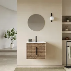 Mobile bagno sospeso con ante 60 cm rovere america cannettato con lavabo e specchio - Mida