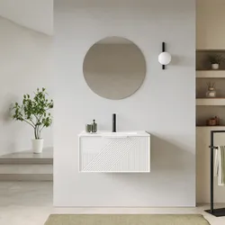 Mobile bagno sospeso con cassetto 70 cm bianco opaco cannettato con lavabo e specchio - Mida