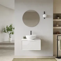 Mobile bagno sospeso con cassetto 70 cm bianco opaco cannettato con top e specchio - Mida