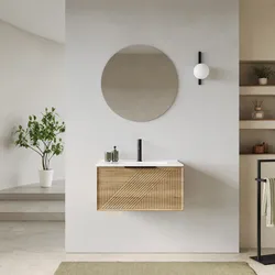 Mobile bagno sospeso con cassetto 70 cm rovere acero cannettato con lavabo e specchio - Mida
