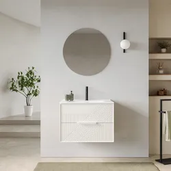 Mobile bagno sospeso con cassetti 70 cm bianco opaco cannettato con lavabo e specchio - Mida