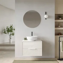 Mobile bagno sospeso con cassetti 70 cm bianco opaco cannettato con top e specchio - Mida