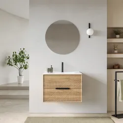 Mobile bagno sospeso con cassetti 70 cm rovere acero cannettato con lavabo e specchio - Mida